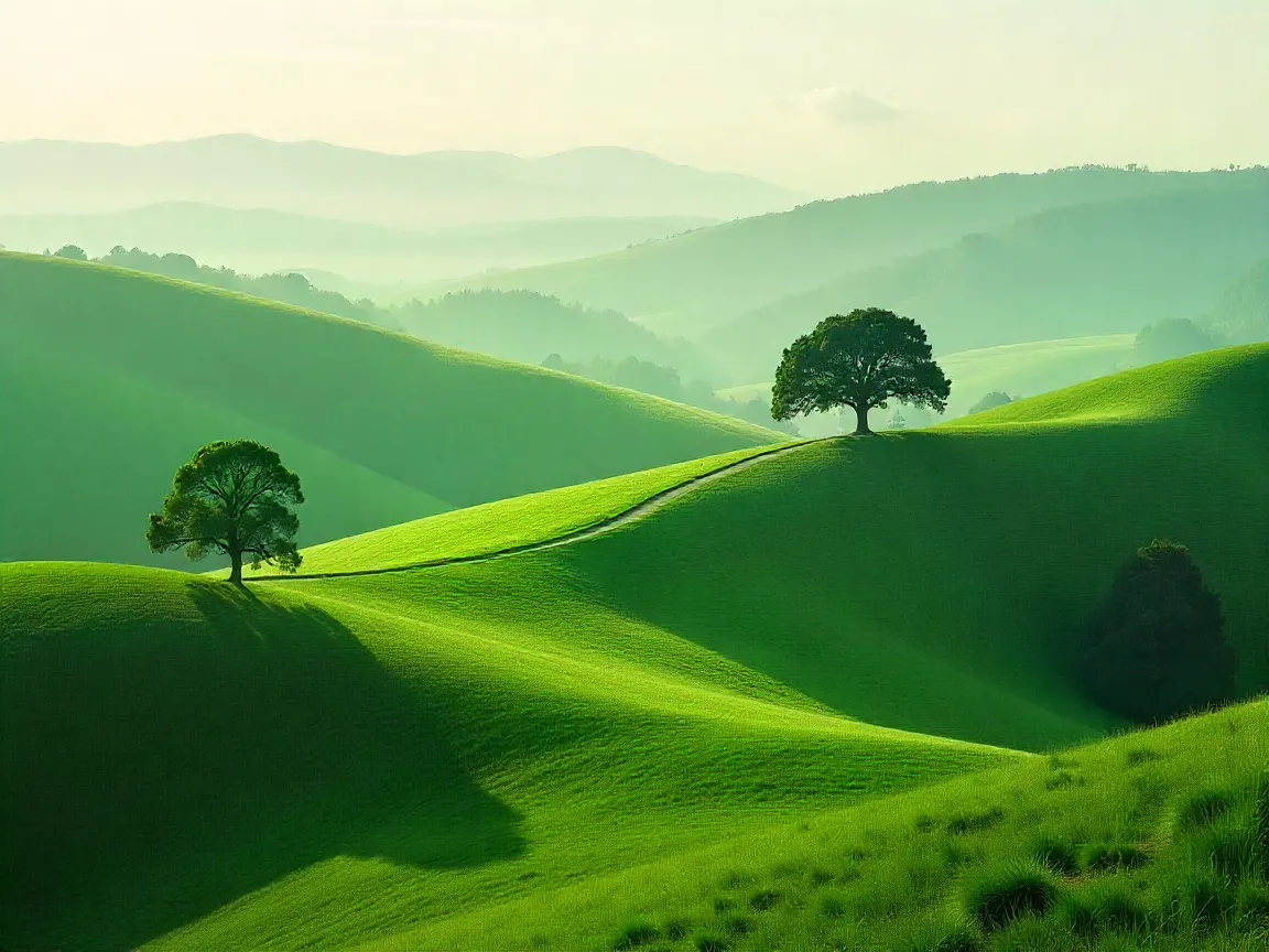 Vacker landskapsdesign med gröna kullar och träd