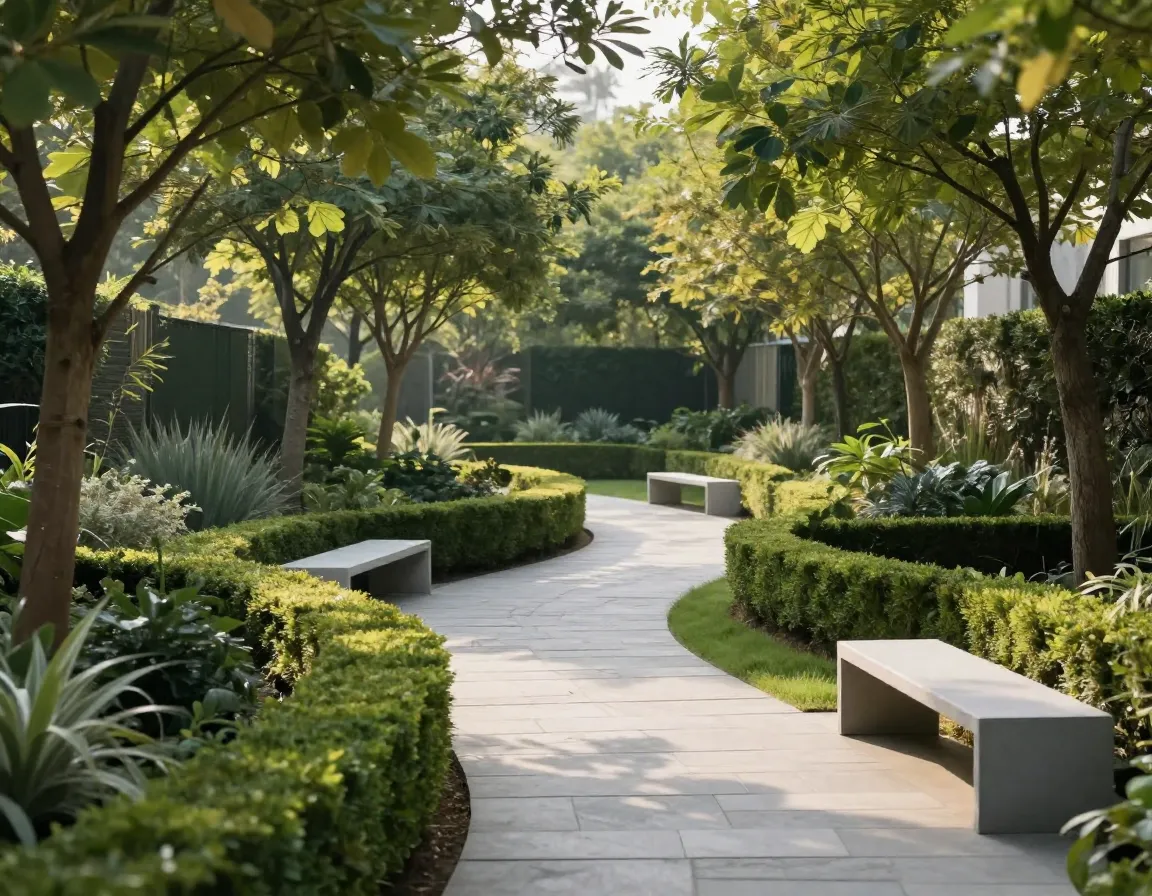 Modern trädgård med träd och stenvägar