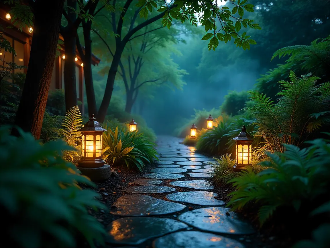 Nattbelyst trädgård med stämningsfull belysning